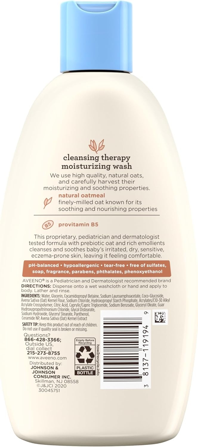 Aveeno Baby Cleansing Therapy Moisturizing Baby Body Wash with Natural Oatmeal & ProVitamin B5, Gentle Tear-Free Baby Bath Wash for Sensitive & Eczema-Prone Skin, Hypoallergenic, 8 oz(cream)