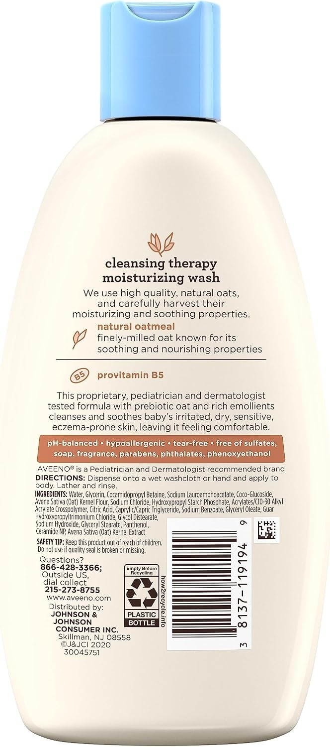 Aveeno Baby Cleansing Therapy Moisturizing Baby Body Wash with Natural Oatmeal & ProVitamin B5, Gentle Tear-Free Baby Bath Wash for Sensitive & Eczema-Prone Skin, Hypoallergenic, 8 oz(cream)
