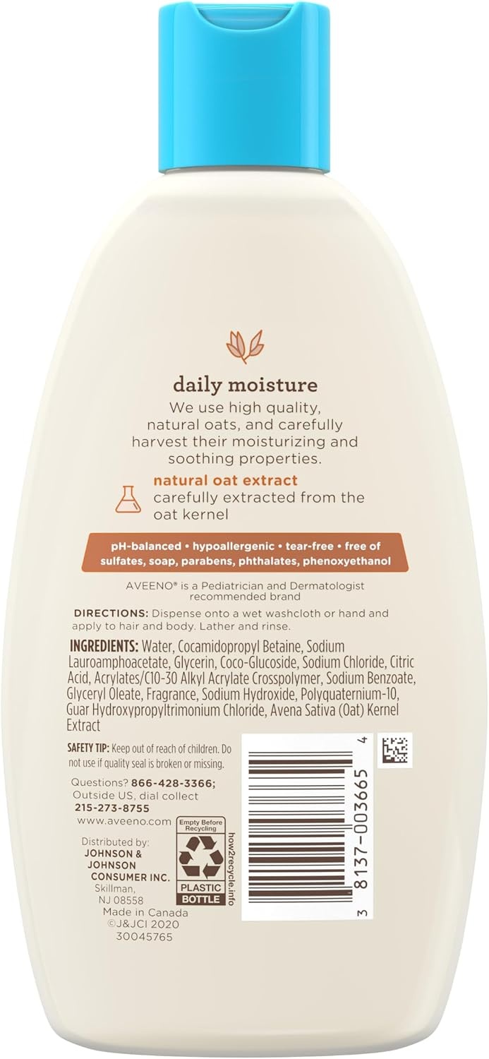 Aveeno Baby Daily Moisture Gentle Baby Body Wash and Shampoo with Oat Extract, 2-in-1 Baby Wash and Hair Shampoo, Tear-Free, Paraben-Free for Sensitive Skin and Hair, Lightly Scented, 18 Fl Oz(Lightly Scented)