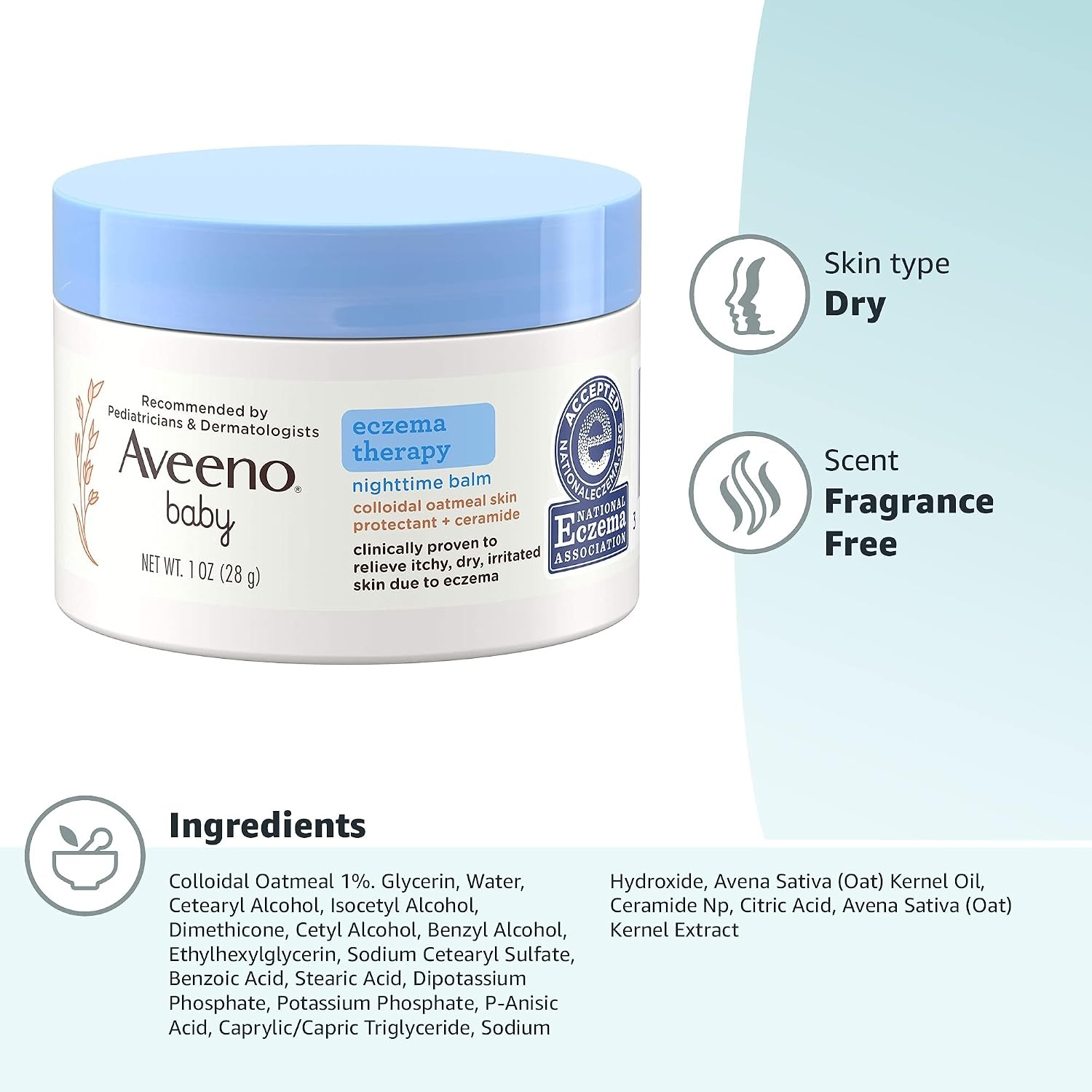 Aveeno Baby Eczema Therapy Nighttime Body Balm, Moisturizing Eczema Balm for Babies with Colloidal Oat & Ceramide, Soothes Dry, Itchy Skin, Hypoallergenic, Fragrance & Steroid Free, 11 oz(1 Ounce (Pack of 2))