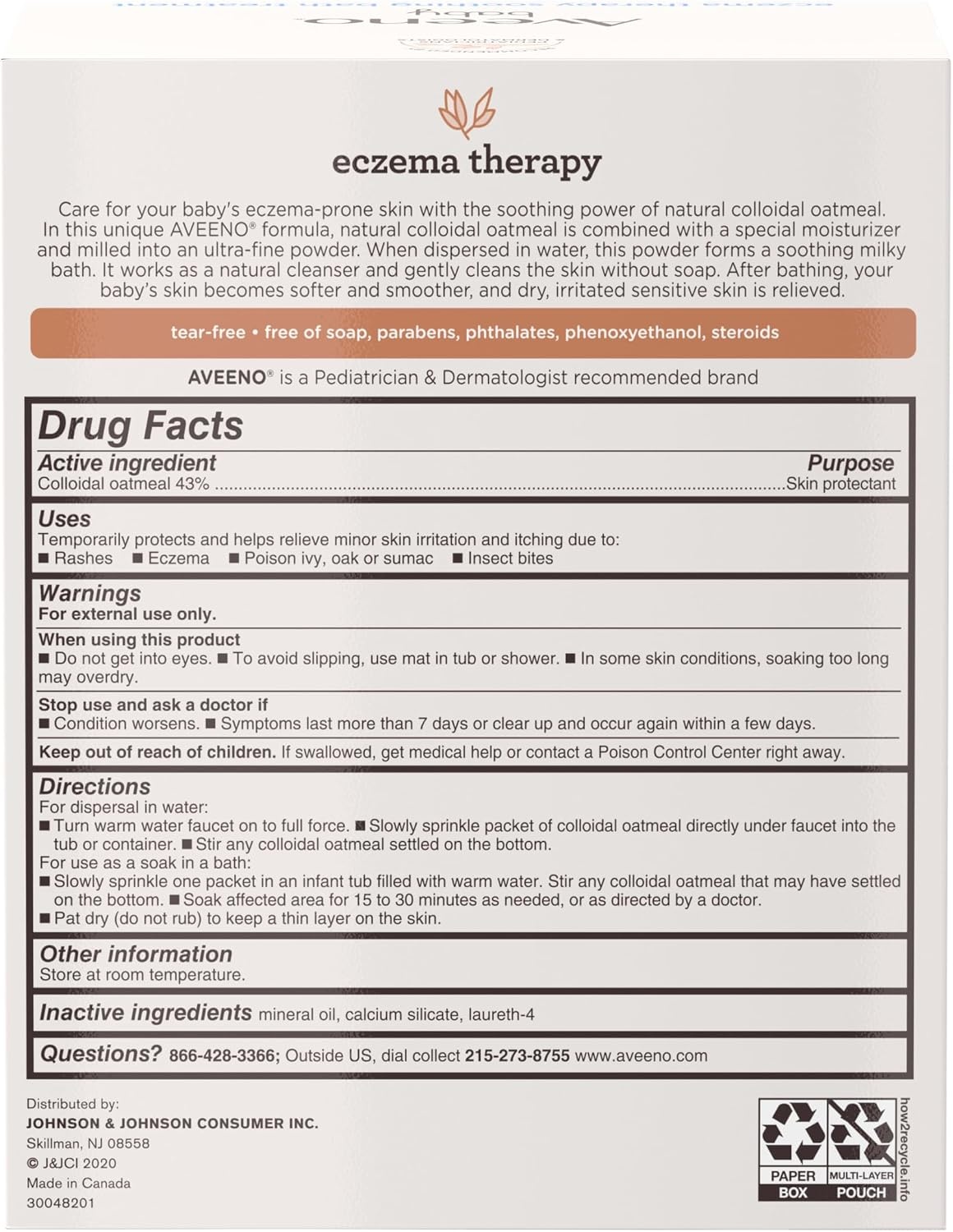 Aveeno Baby Eczema Therapy Soothing Bath Treatment for Relief of Dry, Itchy & Irritated Skin, Made with Natural Colloidal Oatmeal, Fragrance-, Paraben-, Steroid- & Tear-Free, 5 ct(0.75 Ounce (Pack of 5))
