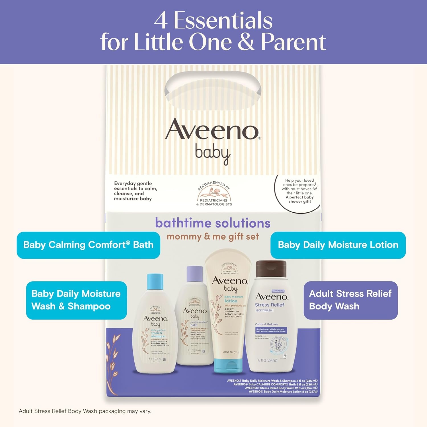 Aveeno Baby Bathtime Solutions Mommy & Me Gift Set, Baby Wash & Shampoo, Calming Bath, Daily Moisturizing Lotion and Stress Relief Body Wash for Mom, Colloidal Oat, Baby Bath Essentials, 4 items(Mom & Baby)