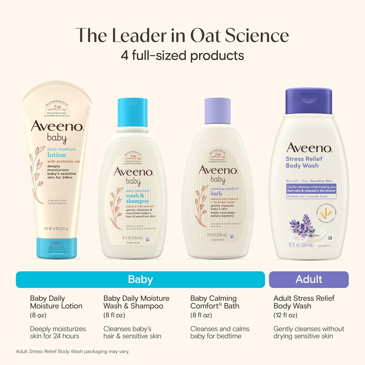 Aveeno Baby Bathtime Solutions Mommy & Me Gift Set, Baby Wash & Shampoo, Calming Bath, Daily Moisturizing Lotion and Stress Relief Body Wash for Mom, Colloidal Oat, Baby Bath Essentials, 4 items(Mom & Baby)