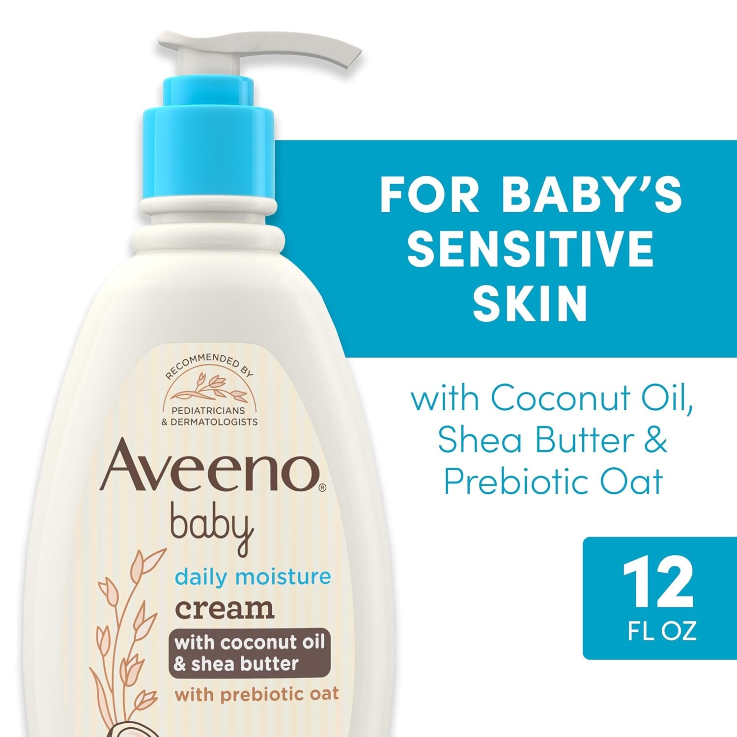 Aveeno Baby Daily Moisturizing Cream with Prebiotic Oat, Hypoallergenic Baby Lotion with Coconut Oil & Shea Butter Moisturizes Sensitive Skin for 24 Hours, Gentle Coconut Scent, 12 fl. oz(12 Fl Oz (Pack of 1))