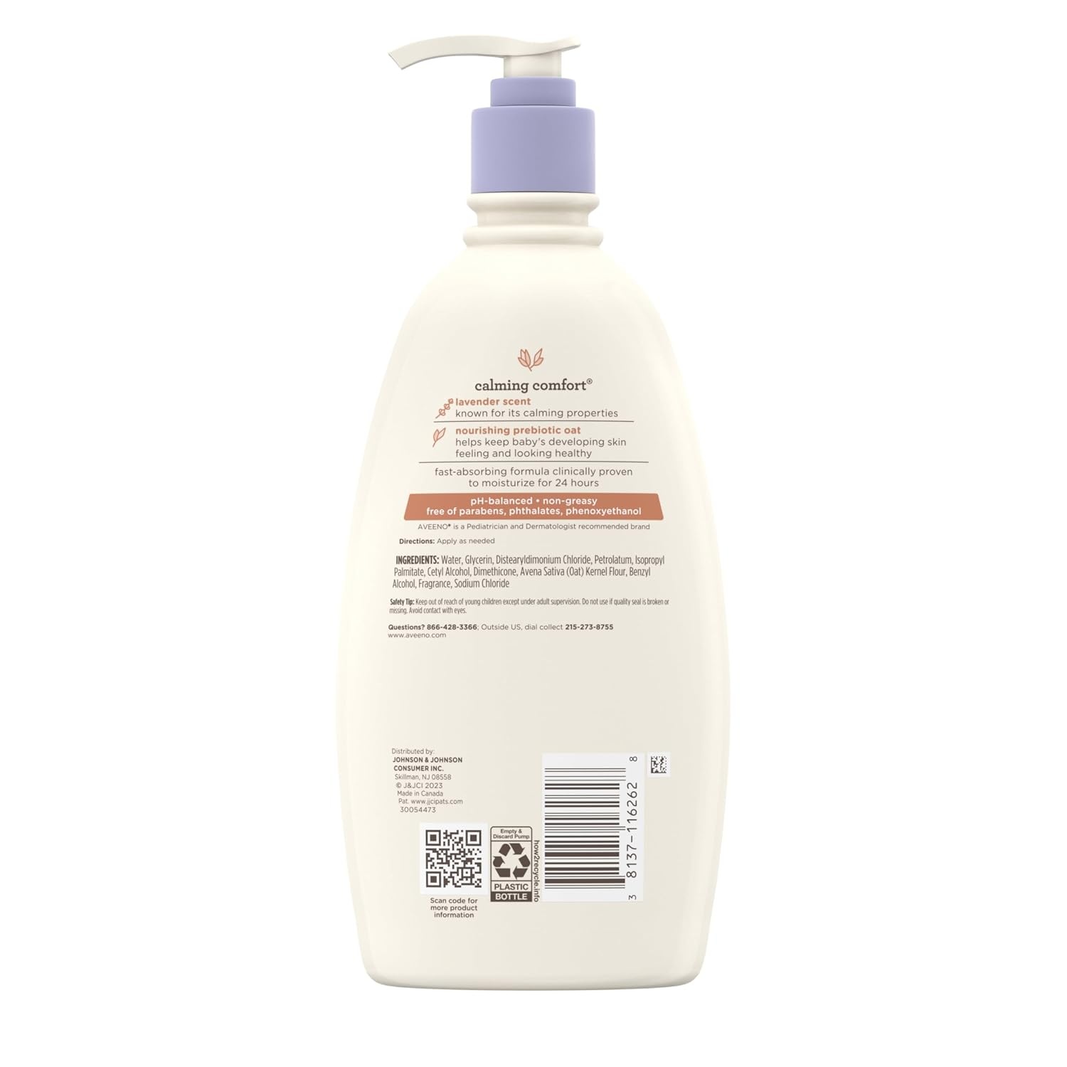 Aveeno Baby Calming Comfort Moisturizing Body Lotion with Relaxing Lavender & Vanilla Scents, Non-Greasy Baby Lotion, Nourishing Prebiotic Oatmeal, Paraben- & Phthalate-Free, 18 fl. oz(18 Fl Oz (Pack of 1))