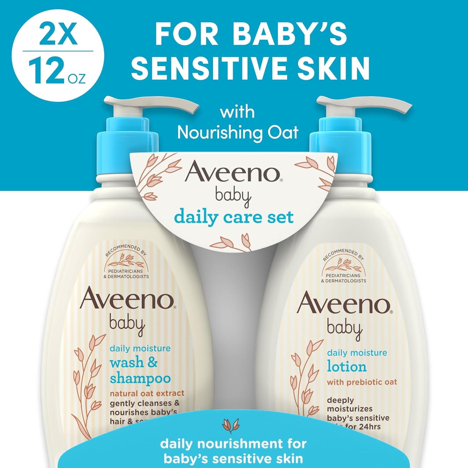 Aveeno Baby Daily Care Gift Set with Oat Extract & Prebiotic Oat, Contains Daily Moisturizing Body Lotion & Gentle 2-in-1 Baby Bath Wash & Shampoo, Hypoallergenic & Paraben-Free, Two Pack(Lightly Scented)