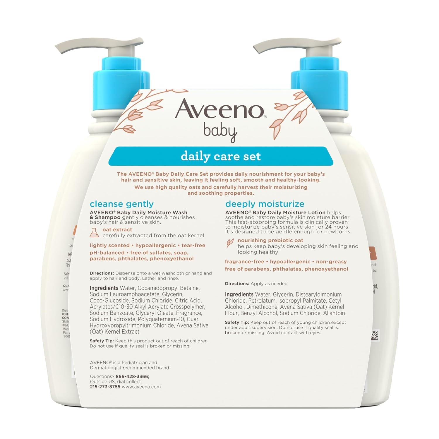 Aveeno Baby Daily Care Gift Set with Oat Extract & Prebiotic Oat, Contains Daily Moisturizing Body Lotion & Gentle 2-in-1 Baby Bath Wash & Shampoo, Hypoallergenic & Paraben-Free, Two Pack(Lightly Scented)
