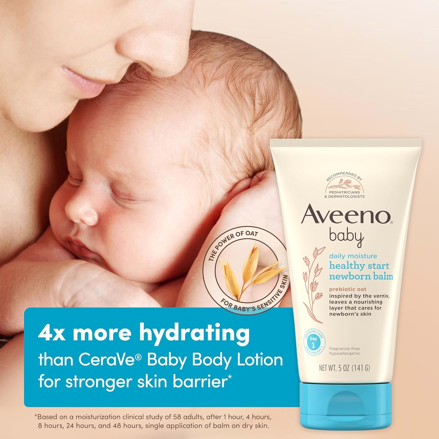 Aveeno Baby Healthy Start Nourishing Newborn Balm, Hypoallergenic Baby Skin Balm with Prebiotic Oat Leaves a Nourishing Layer to Care for Newborn Skin, Fragrance-Free, 5 oz(5 Ounce (Pack of 1))