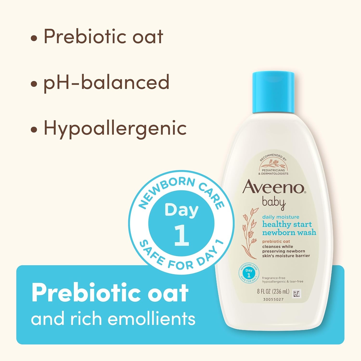 Aveeno Baby Healthy Start Nourishing Newborn Wash, Hypoallergenic Baby Body Wash, Prebiotic Oat, Gently Cleanses Sensitive Skin, No added Fragrances & Parabens, Tear-free, 8 fl. oz(Fragrance Free)