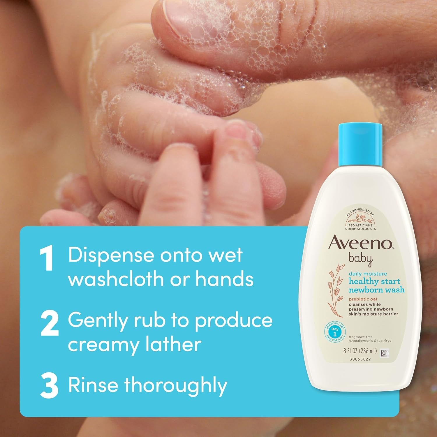 Aveeno Baby Healthy Start Nourishing Newborn Wash, Hypoallergenic Baby Body Wash, Prebiotic Oat, Gently Cleanses Sensitive Skin, No added Fragrances & Parabens, Tear-free, 8 fl. oz(Fragrance Free)