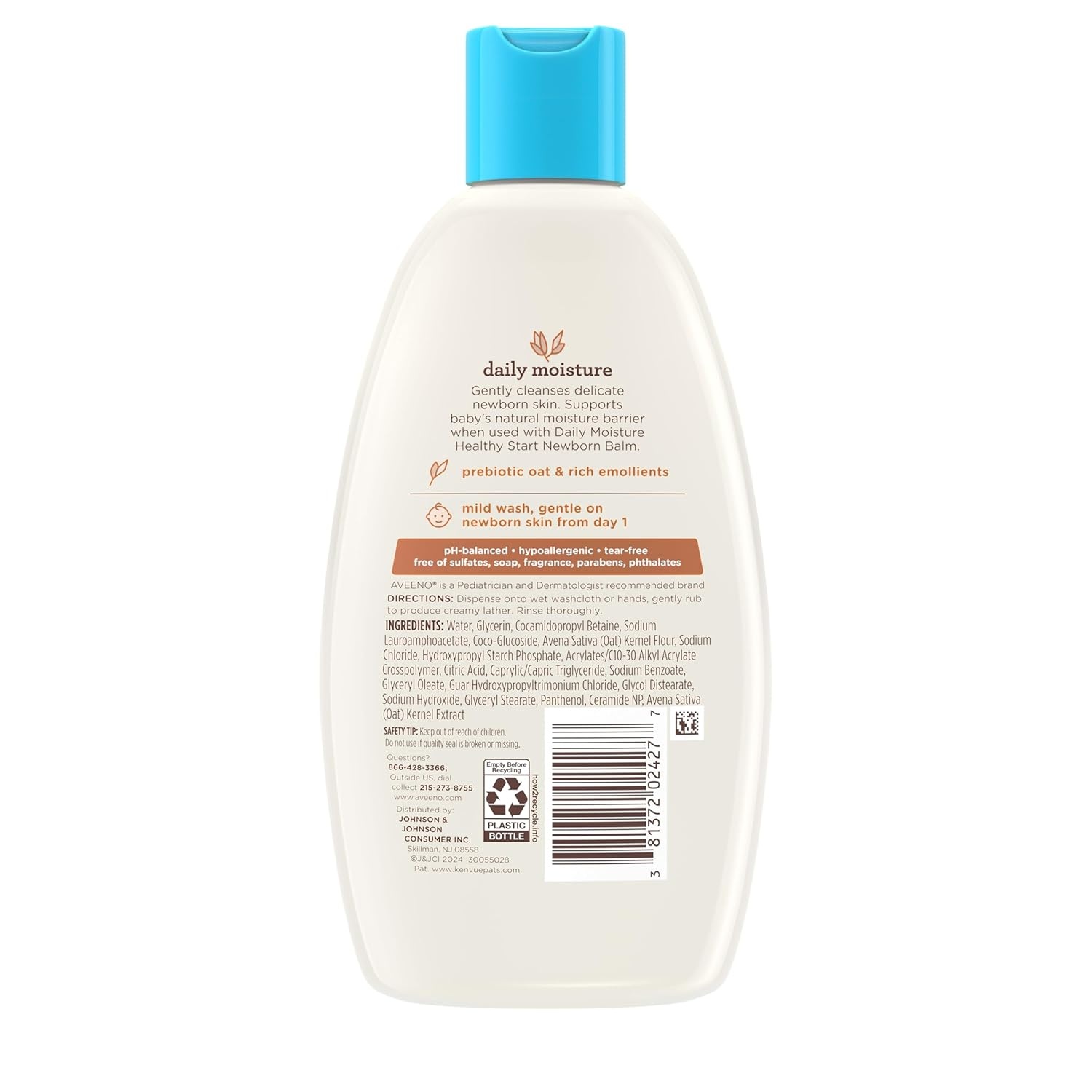 Aveeno Baby Healthy Start Nourishing Newborn Wash, Hypoallergenic Baby Body Wash, Prebiotic Oat, Gently Cleanses Sensitive Skin, No added Fragrances & Parabens, Tear-free, 8 fl. oz(Fragrance Free)
