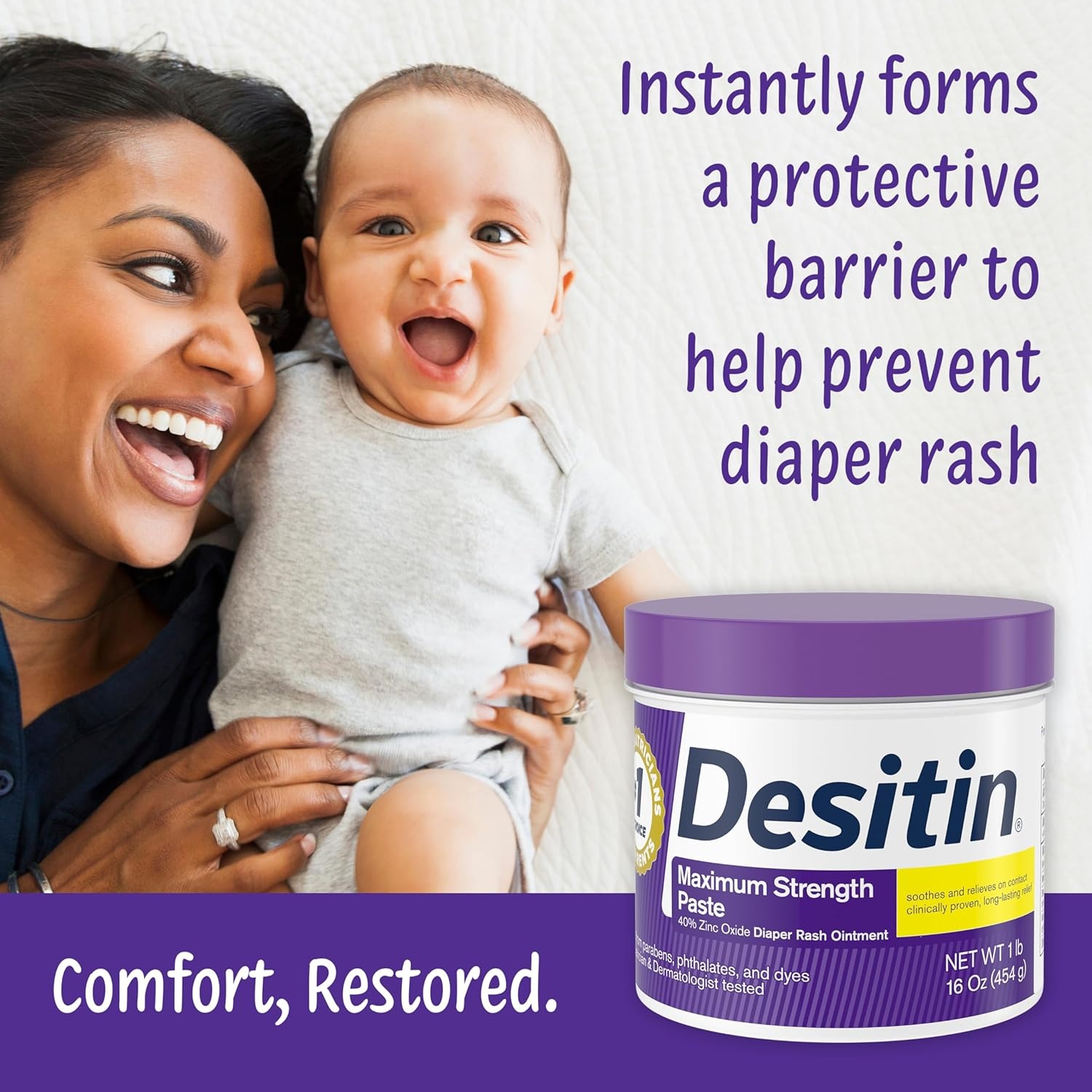 Desitin Maximum Strength Baby Diaper Rash Cream, 40% Zinc Oxide for Treatment, Relief & Prevention, Hypoallergenic, Phthalate- & Paraben-Free Paste, Protects Skin For Up To 12 Hours, 16 oz(16 Ounce (Pack of 2))