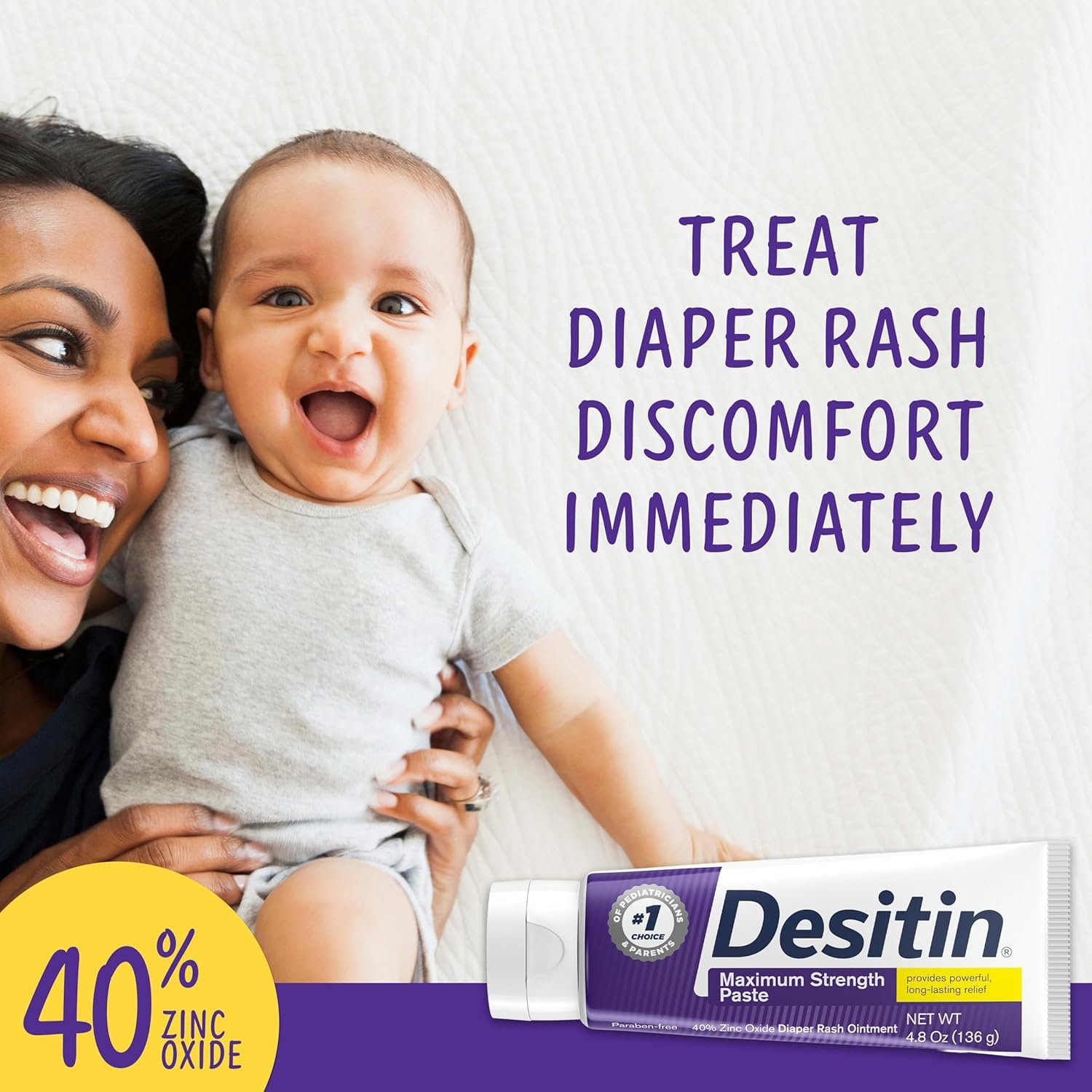 Desitin Maximum Strength Baby Diaper Rash Cream, 40% Zinc Oxide for Treatment, Relief & Prevention, Hypoallergenic, Phthalate- & Paraben-Free Paste, Protects Skin For Up To 12 Hours, 16 oz(4.8 Ounce (Pack of 1))