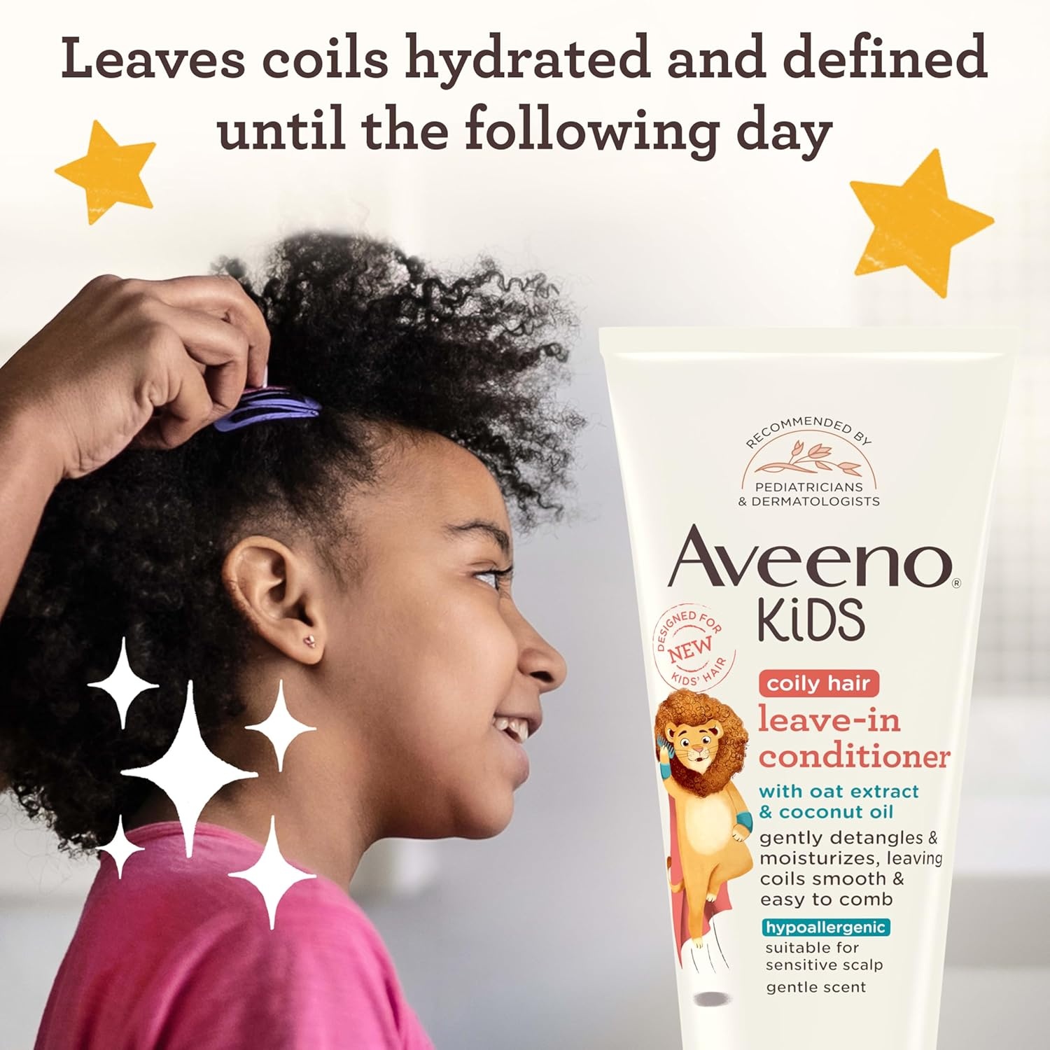 Aveeno Kids Coily Hair Leave-In Conditioner, Toddler Leave-In Conditioner for Sensitive Scalps Gently Detangles & Moisturizes Leaving Natural Curls & Coils Smooth, Hypoallergenic, 8 fl. oz(Gentle Scent)