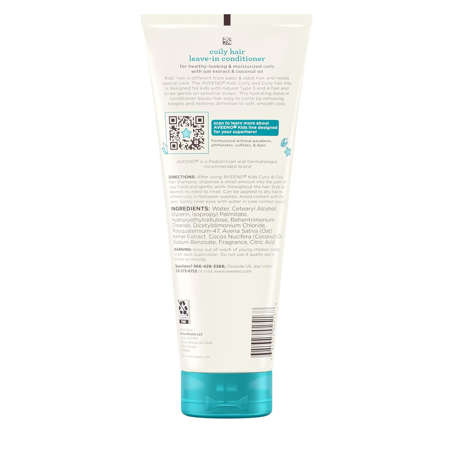 Aveeno Kids Coily Hair Leave-In Conditioner, Toddler Leave-In Conditioner for Sensitive Scalps Gently Detangles & Moisturizes Leaving Natural Curls & Coils Smooth, Hypoallergenic, 8 fl. oz(Gentle Scent)