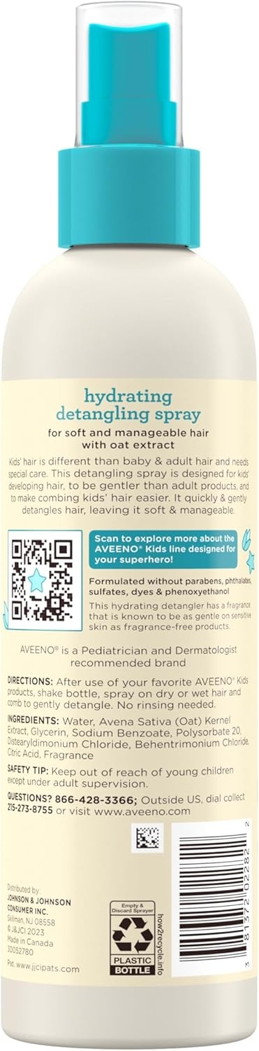 Aveeno Kids Hydrating Detangling Spray with Oat Extract, Quickly Detangles Hair, Tear-Free, Gentle on Sensitive Skin & Scalp, Detangler Spray for Kids, Hypoallergenic, 10 fl. oz