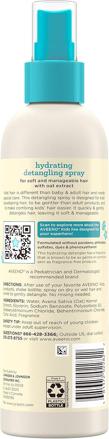 Aveeno Kids Hydrating Detangling Spray with Oat Extract, Quickly Detangles Hair, Tear-Free, Gentle on Sensitive Skin & Scalp, Detangler Spray for Kids, Hypoallergenic, 10 fl. oz