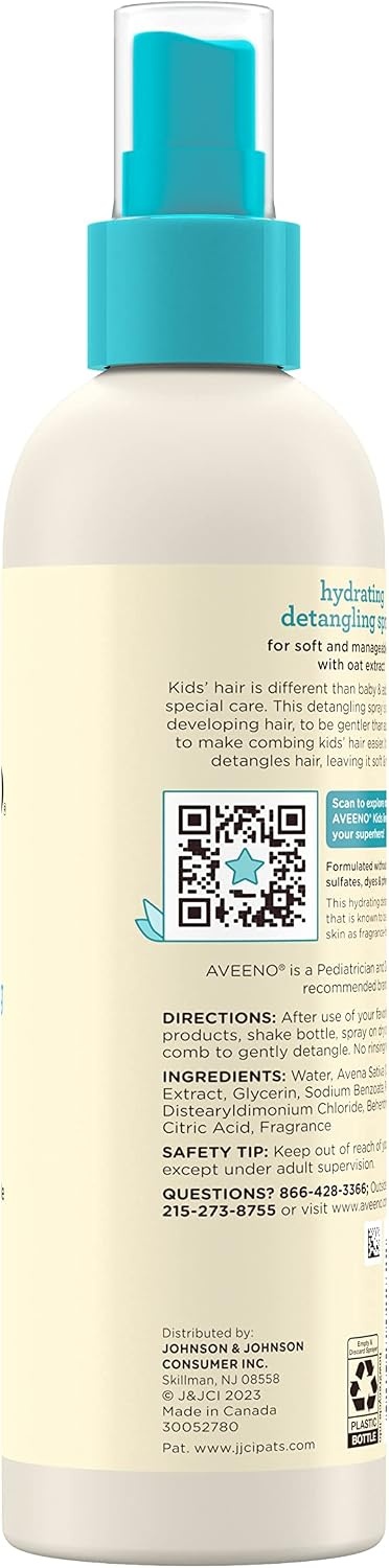 Aveeno Kids Hydrating Detangling Spray with Oat Extract, Quickly Detangles Hair, Tear-Free, Gentle on Sensitive Skin & Scalp, Detangler Spray for Kids, Hypoallergenic, 10 fl. oz