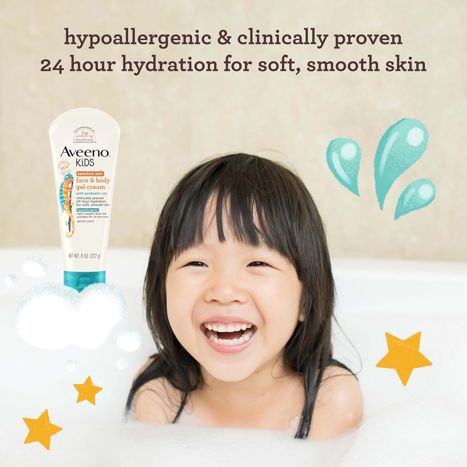 Aveeno Sensitive Skin Face & Body Gel Cream for Kids with Prebiotic Oat, Clinically Proven 24 Hour Hydration for Soft Skin, Quick Drying and Lightweight, Hypoallergenic, 8 oz(8 Ounce (Pack of 1))