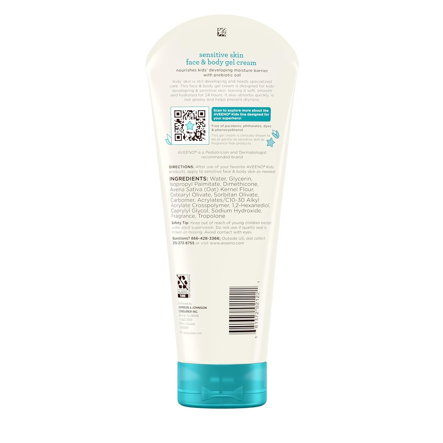 Aveeno Sensitive Skin Face & Body Gel Cream for Kids with Prebiotic Oat, Clinically Proven 24 Hour Hydration for Soft Skin, Quick Drying and Lightweight, Hypoallergenic, 8 oz(8 Ounce (Pack of 1))