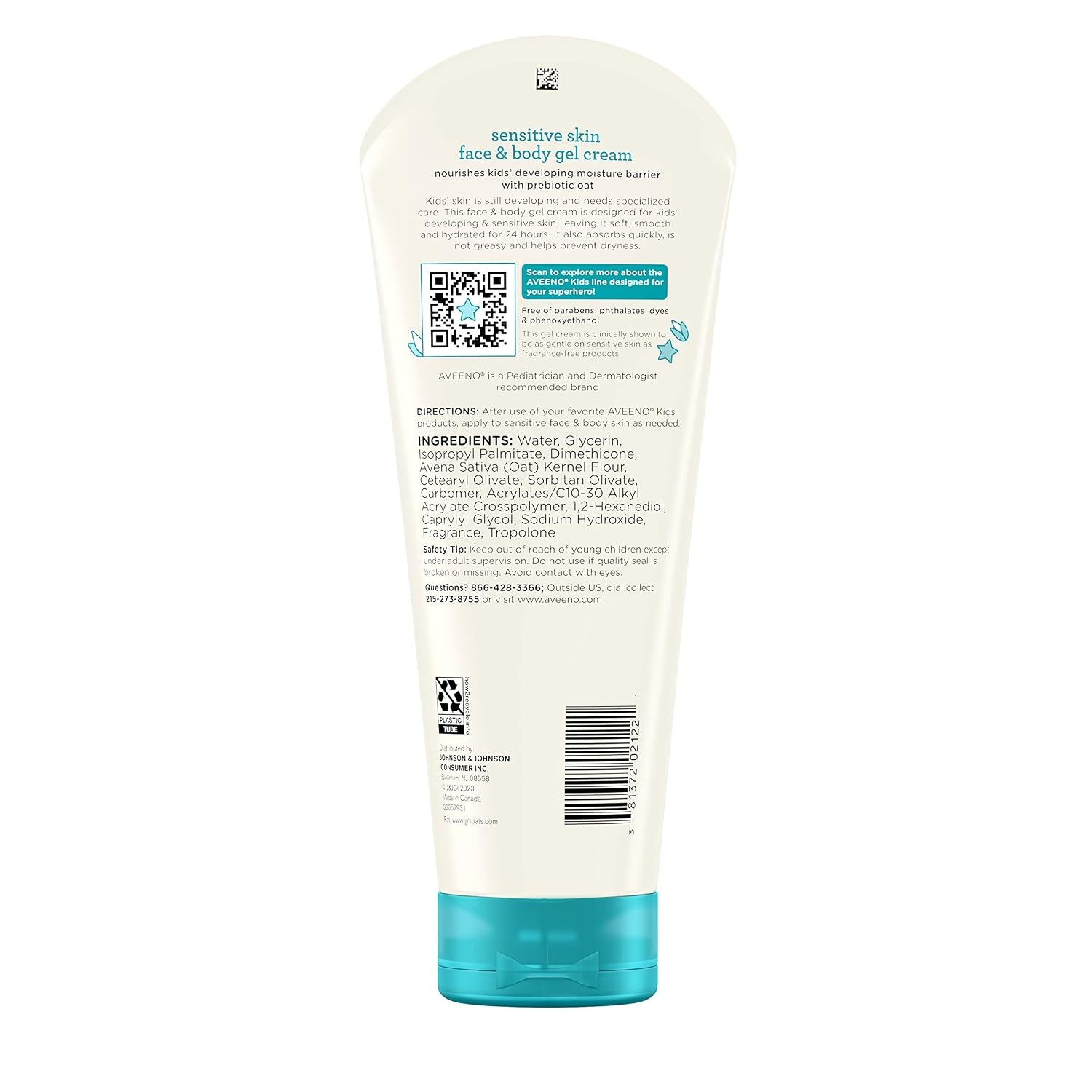Aveeno Sensitive Skin Face & Body Gel Cream for Kids with Prebiotic Oat, Clinically Proven 24 Hour Hydration for Soft Skin, Quick Drying and Lightweight, Hypoallergenic, 8 oz(8 Ounce (Pack of 1))
