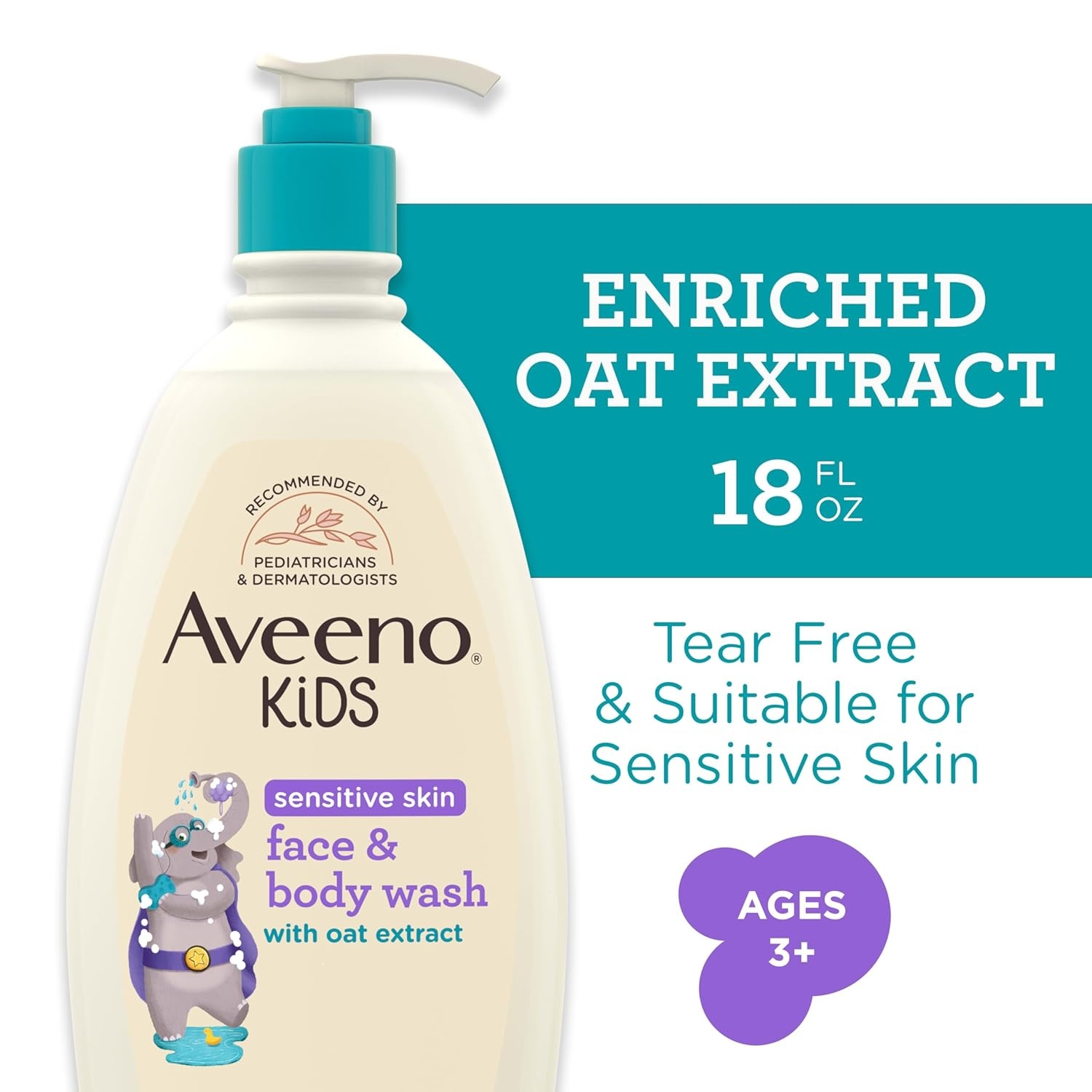 Aveeno Kids Sensitive Skin Face & Body Wash, Nourishing Oat Extract, Wash Away Dirt and Germs Without Drying, Kids Body Wash is Tear-Free, Hypoallergenic, Sulfate- & Dye-Free, 18 Fl Oz(18 Fl Oz (Pack of 2))