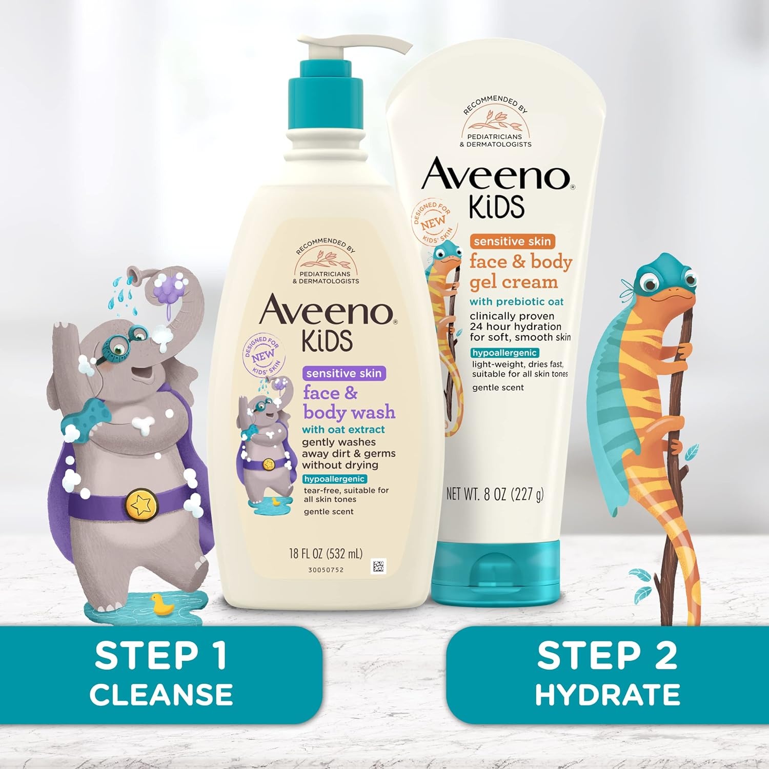 Aveeno Kids Sensitive Skin Face & Body Wash With Oat Extract, 18 fl. Oz with Aveeno Sensitive Skin Face & Body Gel Cream for Kids with Prebiotic Oat, 8 oz