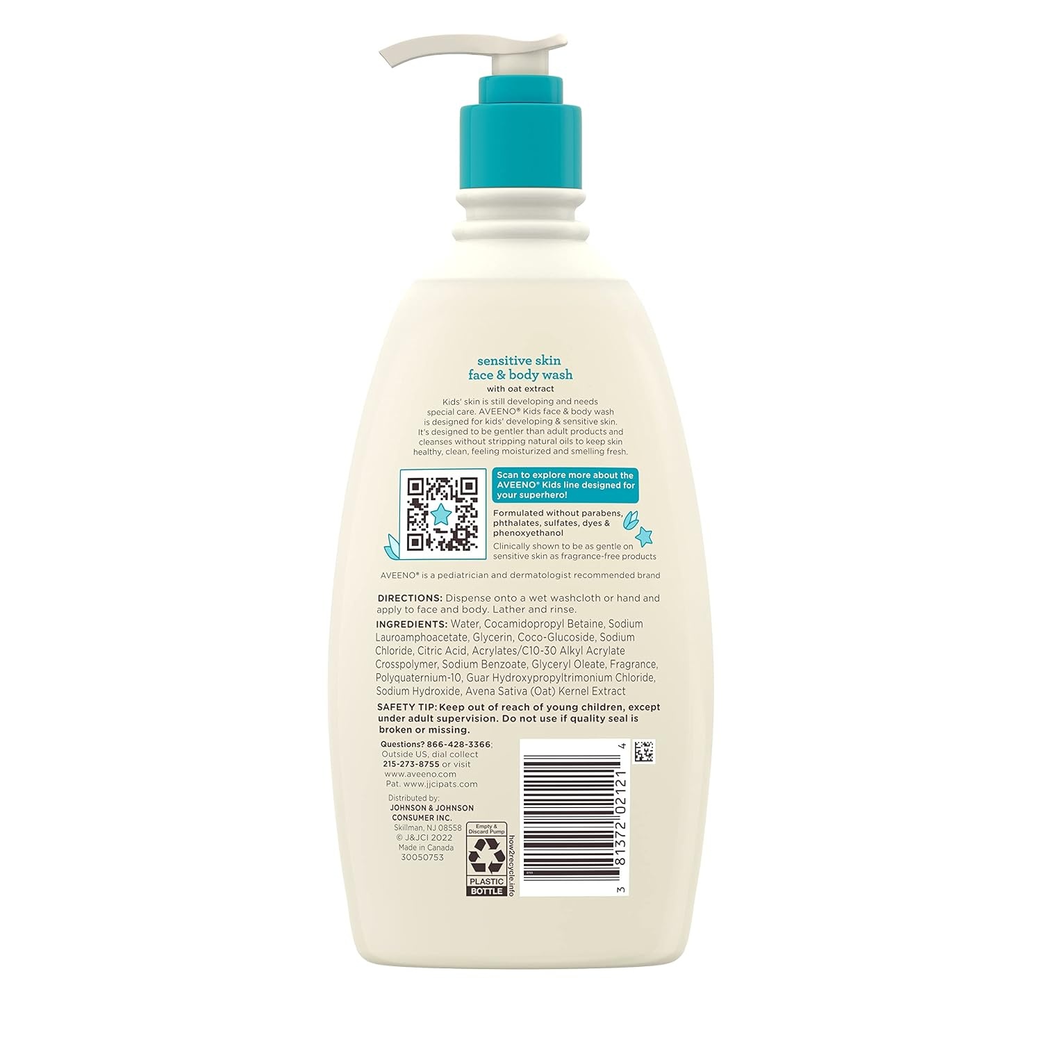 Aveeno Kids Sensitive Skin Face & Body Wash, Nourishing Oat Extract, Wash Away Dirt and Germs Without Drying, Kids Body Wash is Tear-Free, Hypoallergenic, Sulfate- & Dye-Free, 18 Fl Oz(18 Fl Oz (Pack of 4))