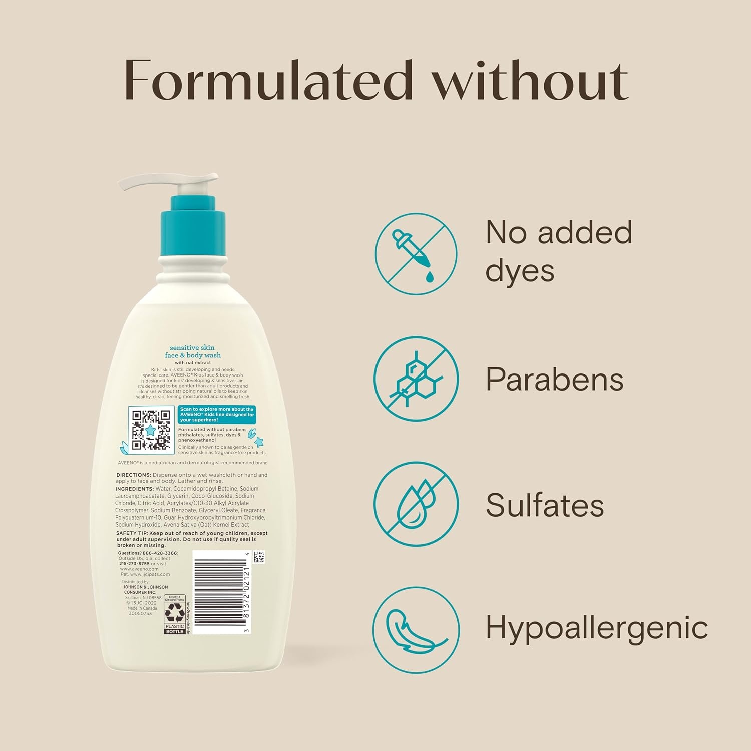 Aveeno Kids Sensitive Skin Face & Body Wash, Nourishing Oat Extract, Wash Away Dirt and Germs Without Drying, Kids Body Wash is Tear-Free, Hypoallergenic, Sulfate- & Dye-Free, 18 Fl Oz(18 Fl Oz (Pack of 1))