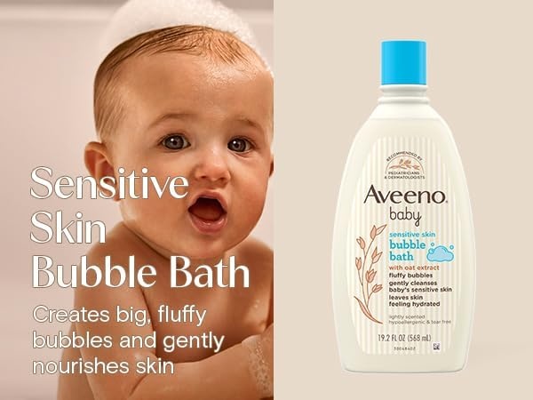 Aveeno Baby Sensitive Skin Bubble Bath with Oat Extract, Gently Cleanses and Leaves Skin Feeling Hydrated, Tear-Free Formula, Hypoallergenic, Paraben-, Phthalate-, Soap- & Dye-Free, 19.2 fl. Oz(19.2 Fl Oz (Pack of 1))