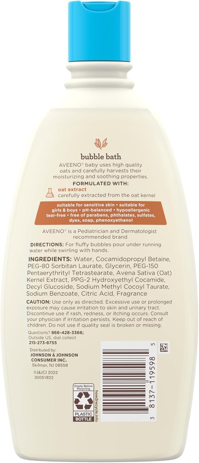 Aveeno Baby Sensitive Skin Bubble Bath with Oat Extract, Gently Cleanses and Leaves Skin Feeling Hydrated, Tear-Free Formula, Hypoallergenic, Paraben-, Phthalate-, Soap- & Dye-Free, 19.2 fl. Oz(19.2 Fl Oz (Pack of 1))