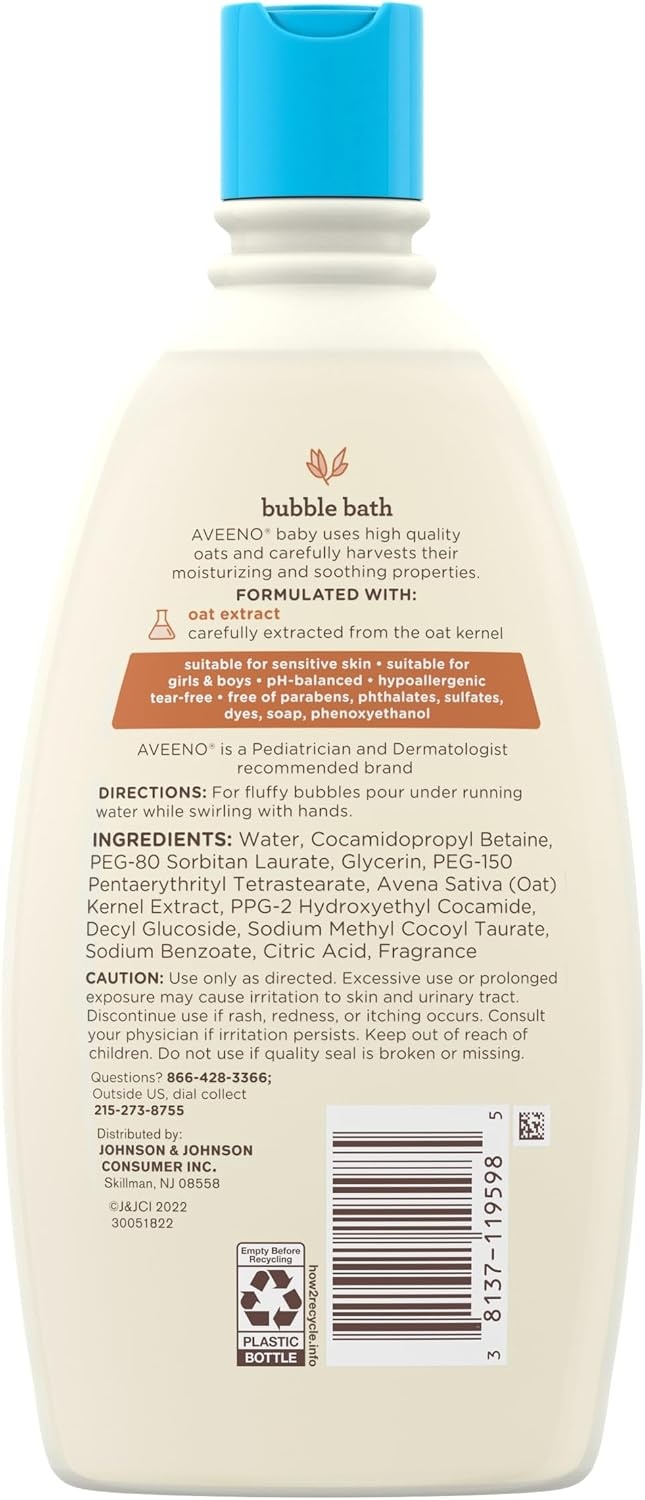Aveeno Baby Sensitive Skin Bubble Bath with Oat Extract, Gently Cleanses and Leaves Skin Feeling Hydrated, Tear-Free Formula, Hypoallergenic, Paraben-, Phthalate-, Soap- & Dye-Free, 19.2 fl. Oz(19.2 Fl Oz (Pack of 1))