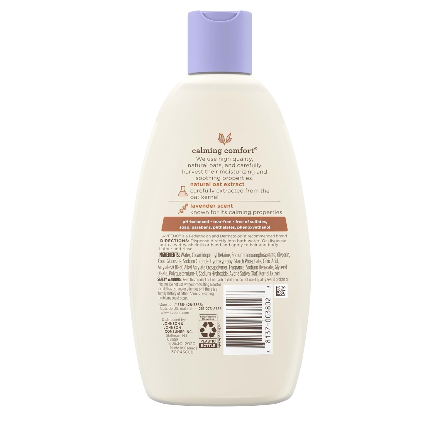 Aveeno Baby Nighttime Calming Comfort Bath, Baby Body Wash for Skin & Hair with Natural Oat Extract, Soothing Lavender & Vanilla Scent, Tear-Free Formula, No Added Parabens & Phthalates, 18 Fl Oz(8 Fl Oz (Pack of 1))