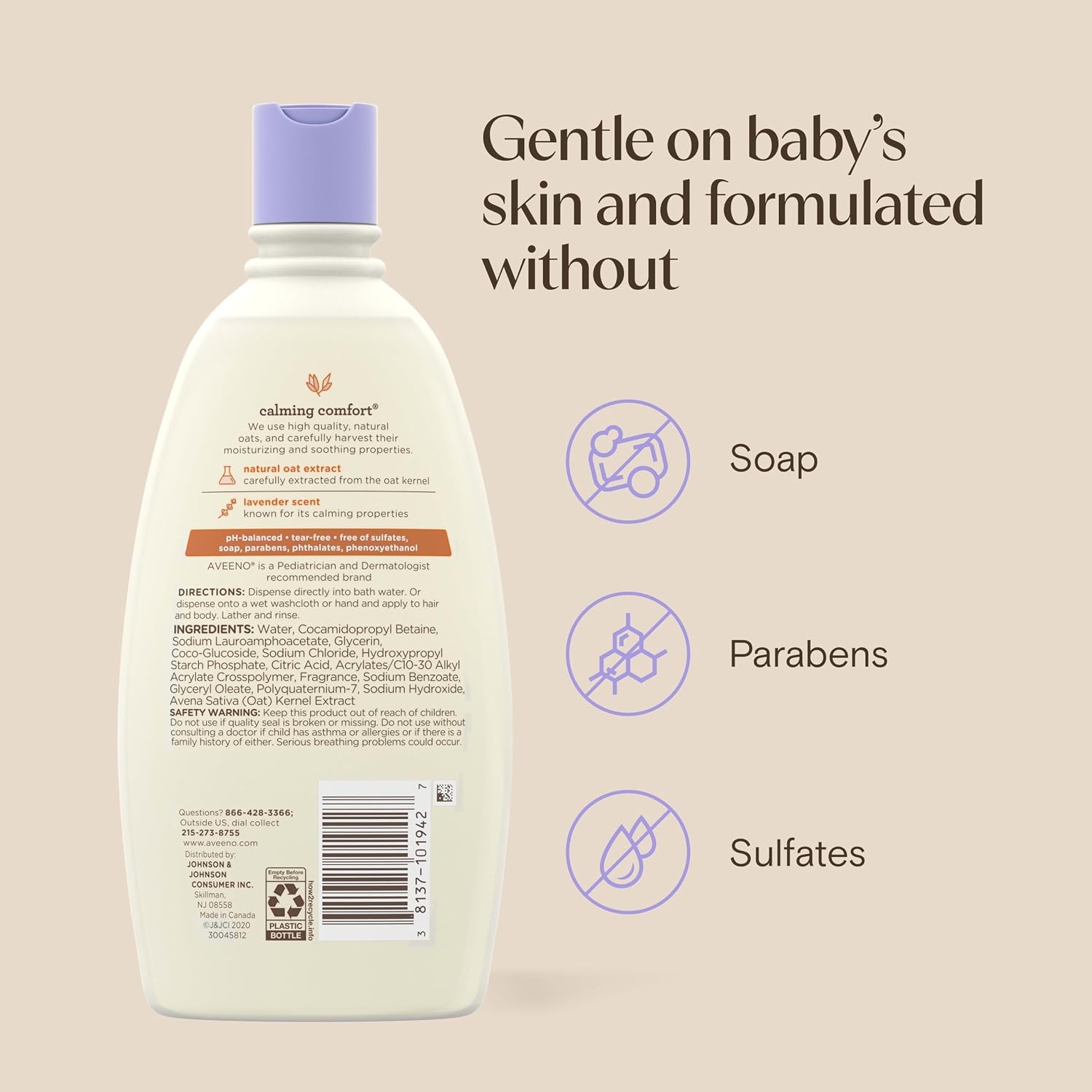 Aveeno Baby Nighttime Calming Comfort Bath, Baby Body Wash for Skin & Hair with Natural Oat Extract, Soothing Lavender & Vanilla Scent, Tear-Free Formula, No Added Parabens & Phthalates, 18 Fl Oz(18 Fl Oz (Pack of 1))