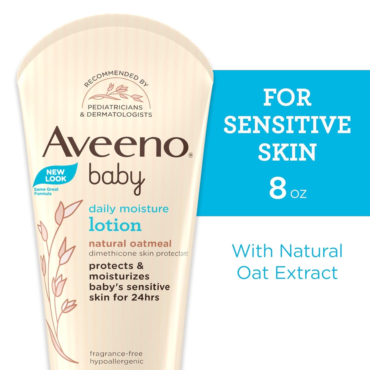 Aveeno Baby Daily Moisture Body Lotion for Sensitive Skin, Hypoallergenic Moisturizing Baby Lotion with Nourishing Oat to Deeply Moisturize Baby’s Skin, Fragrance-Free, 18 fl. oz, 2 Pack(8 Fl Oz (Pack of 1))