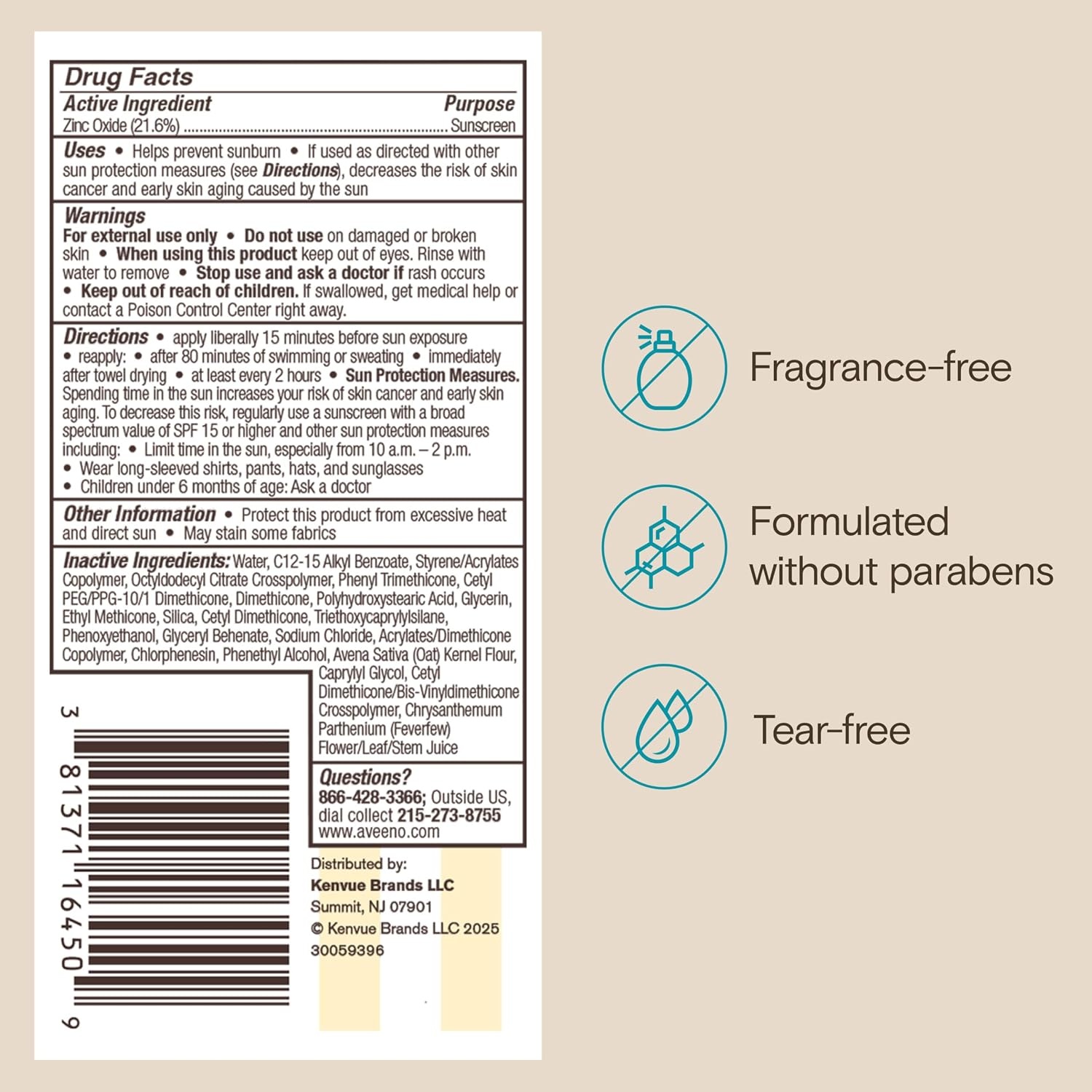 Aveeno Kids Continuous Protection Zinc Oxide Broad Spectrum Sunscreen Lotion for Kids’ Sensitive Skin. SPF 50 Oxybenzone Free Sunscreen, Tear- and Sweat-Free and Water-Resistant, Non-Greasy, 3 Fl Oz(3 Fl Oz (Pack of 1))